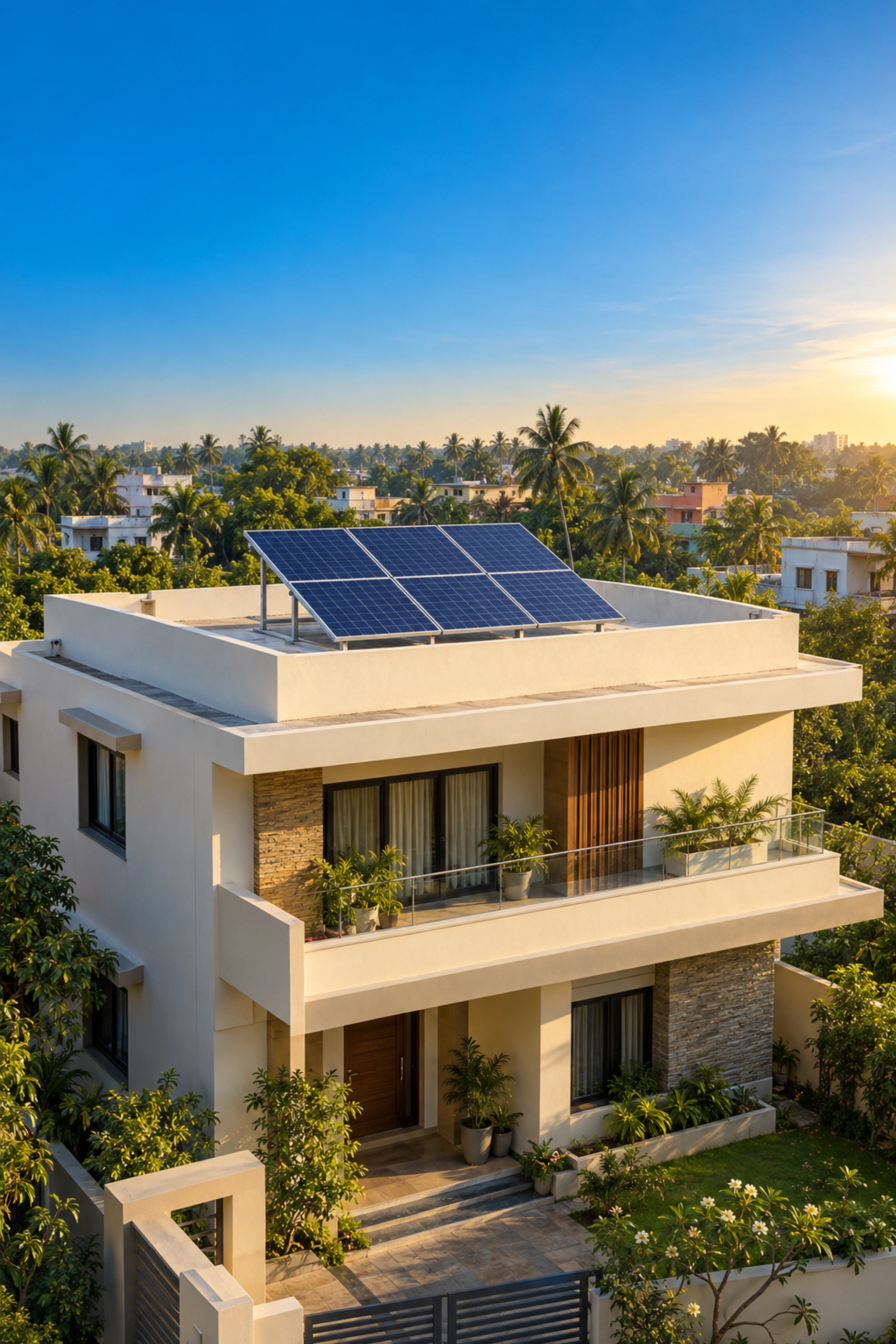 Solar enabled Indian home from the HELLOCON brochure, concept illustration