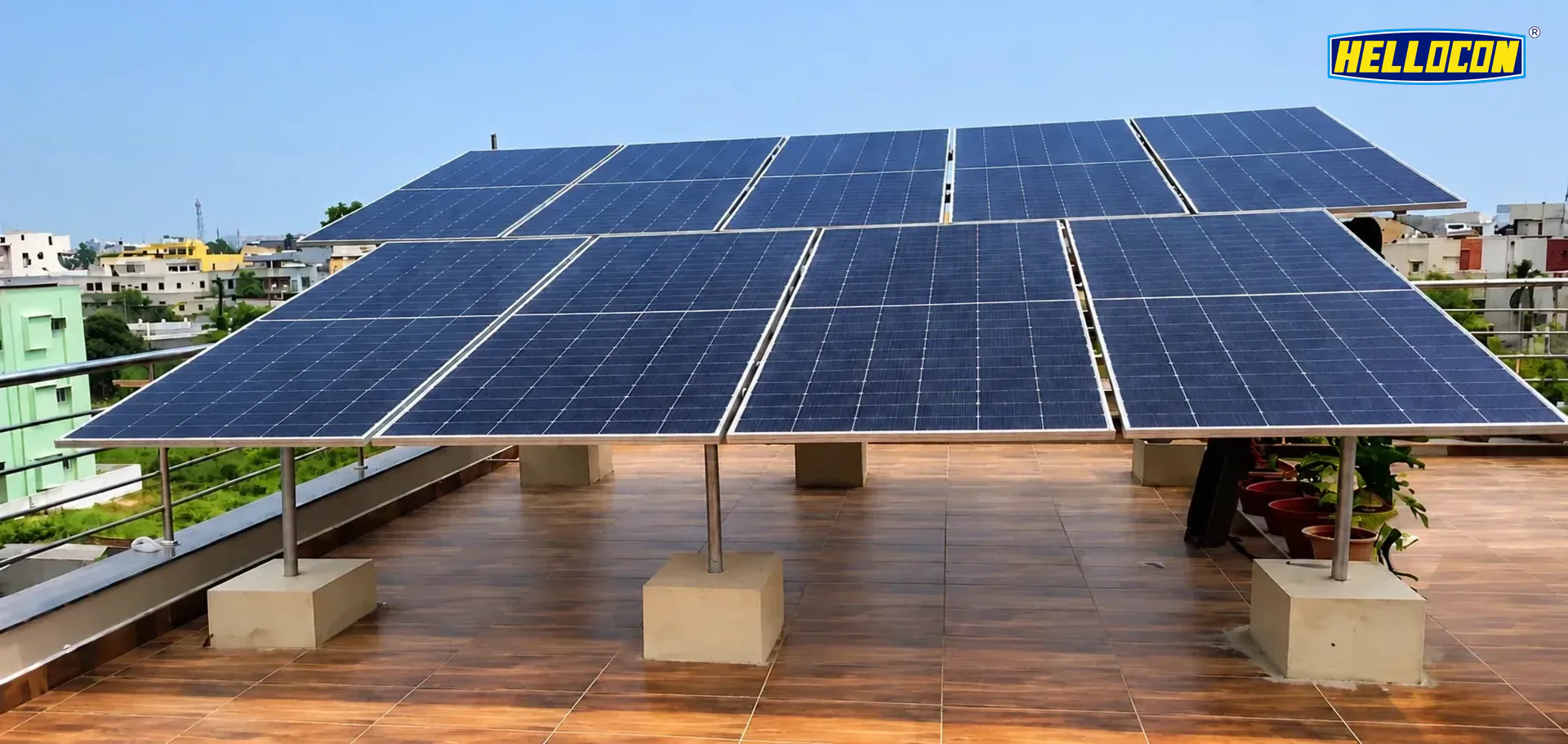 HELLOCON rooftop solar array on a terrace in Odisha